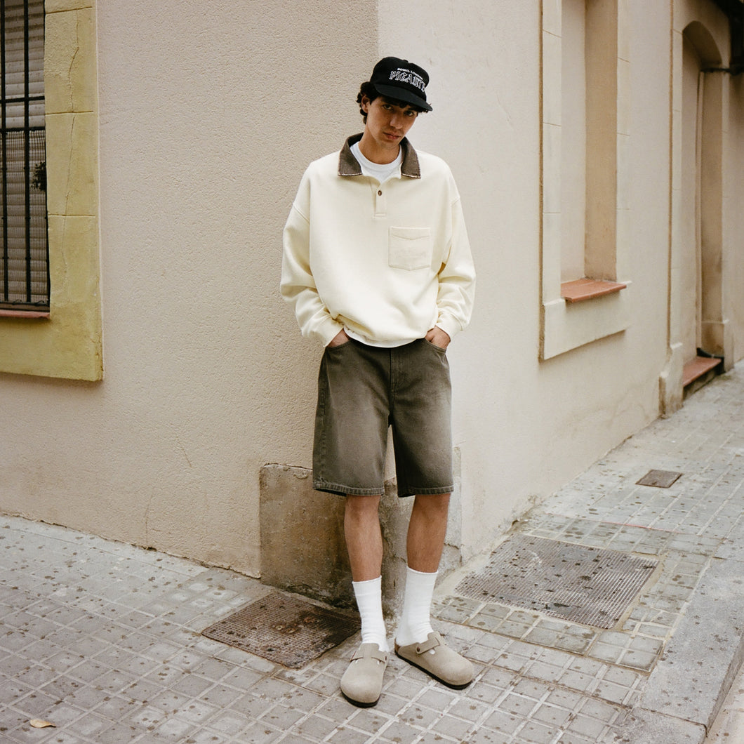 DENIM COLLAR POLO SWEATSHIRT