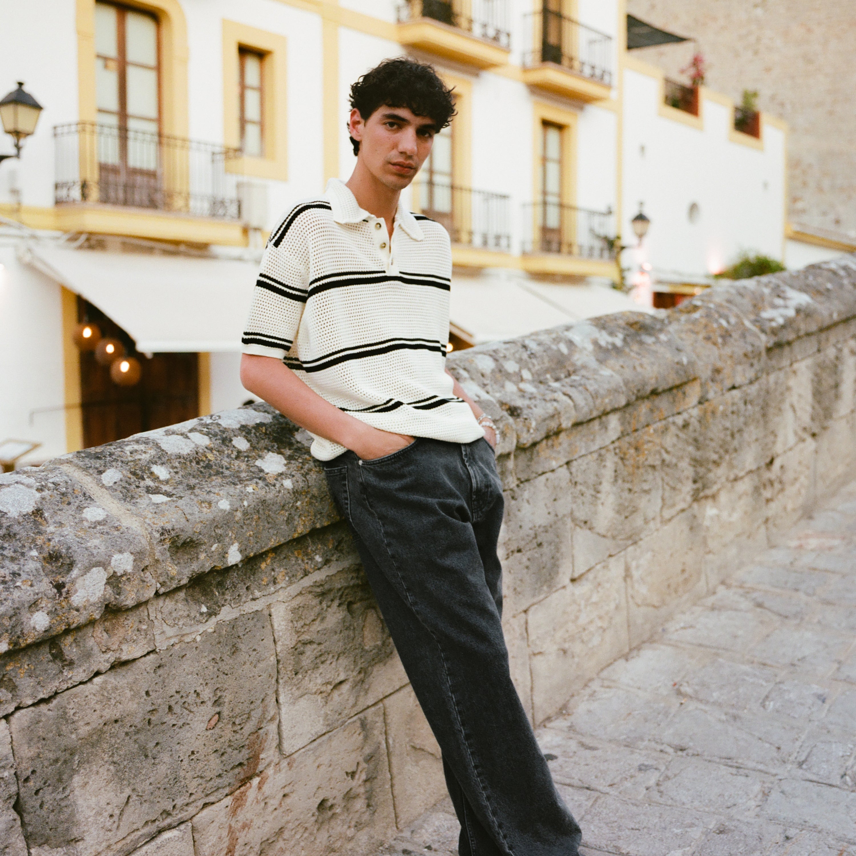 Mesh Knit Striped Polo Ivory – PICANTE