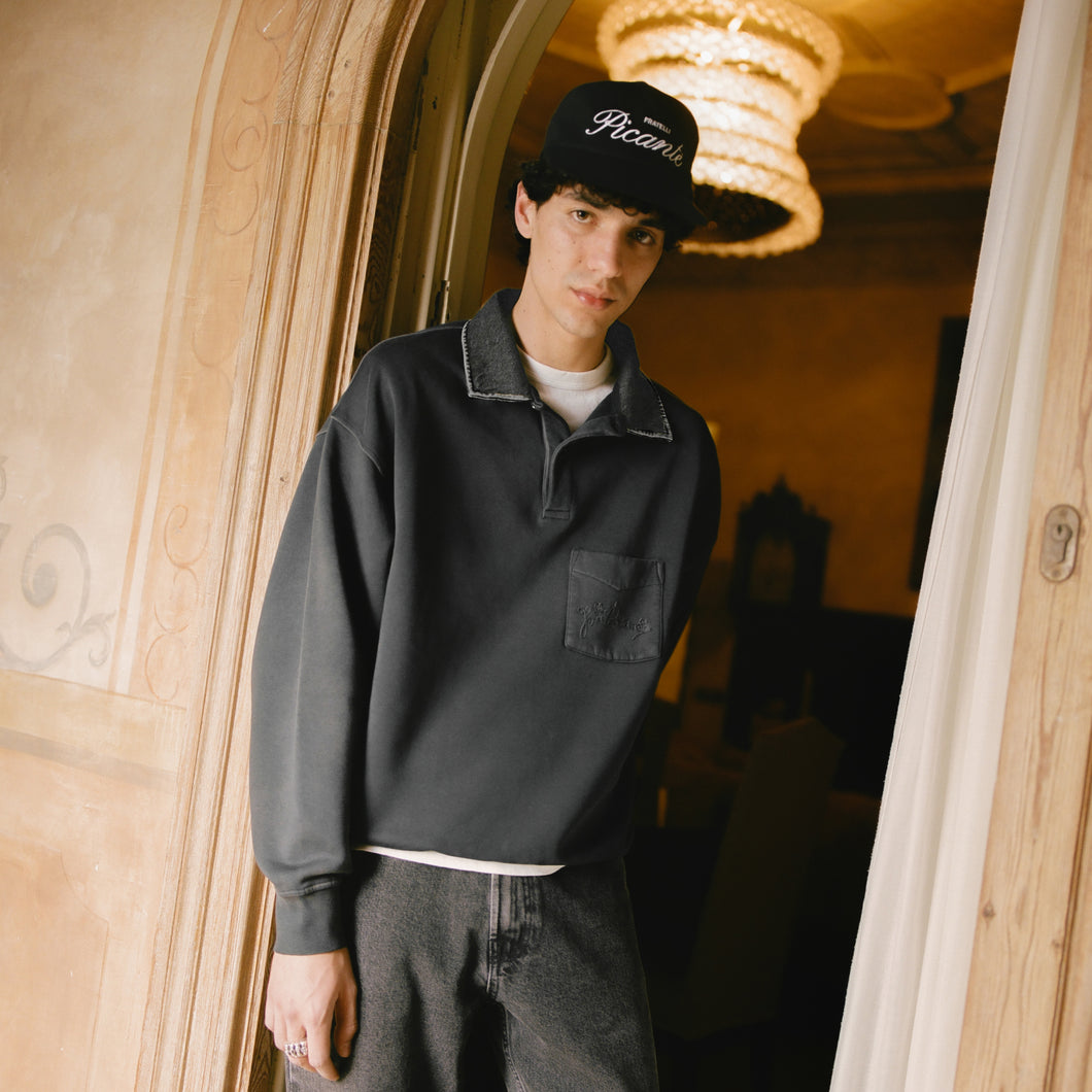 DENIM COLLAR POLO SWEATSHIRT
